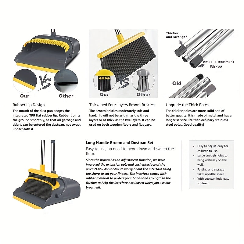 Juteng Local Broom And Dustpan Set, Long Handle Sweep Combo For Home Office Kitchen Lobby Shop, Upright Dustpan, 4 Row Of Dense Bristles Sweeper, Indoor&Outdoor Cleaning, Stand Up Broom Dust Pan Set, Gray&Yellow
