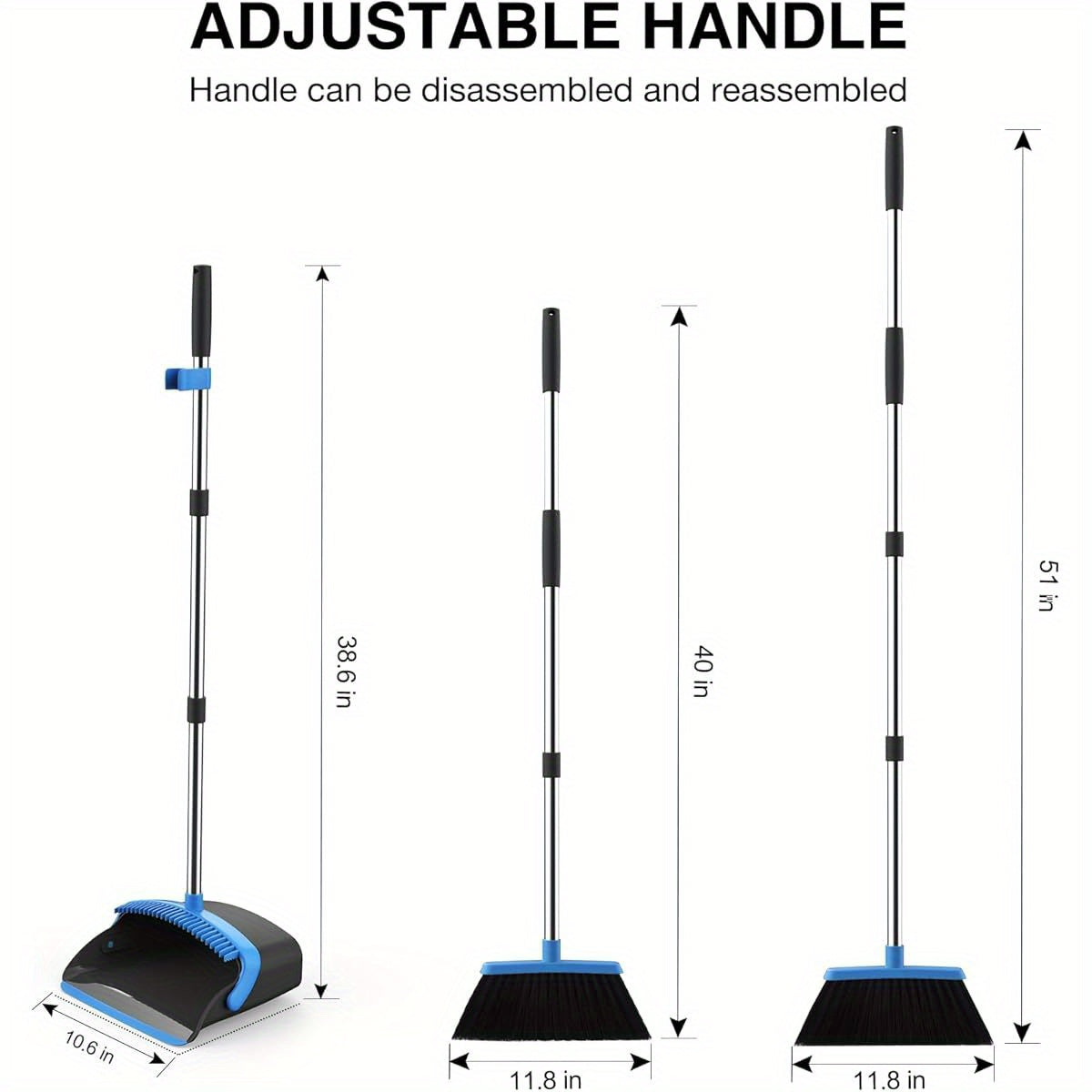 2-Pack Adjustable Broom and Dustpan Set with Long Handle - Heavy-Duty Cleaning Combo, Automatic Hair Removal, Non-Slip Grip, for Home, Kitchen, Office, Hardwood Floors - Space-Saving Design (Black & Blue) - Ideal for Large Spaces & Commercial Use, Floor