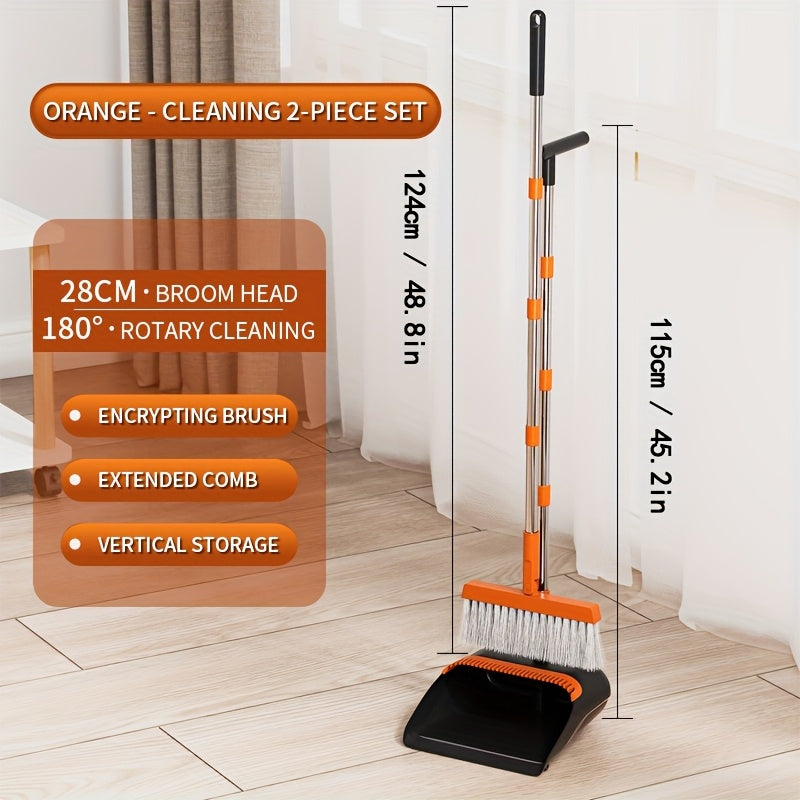 2-in-1 Broom and Dustpan Set with Long Handle - Heavy-Duty Stainless Steel, Ergonomic Design for Home, Office, School, Dorm, Shopping Mall & Supermarket Cleaning - Durable Hard Floor & Carpet Cleaning Supplies, Broom for Home, Dorm Room Essentials, Modern