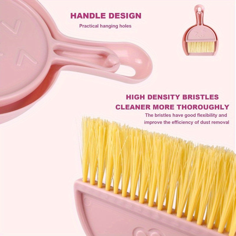 3 Pcs Mini Broom 3 Colors and Dustpan Set for Cleaning up Pet Feces Home, Car, Kitchen, Table, Durable Plastic Bristles, Handheld, Hangable