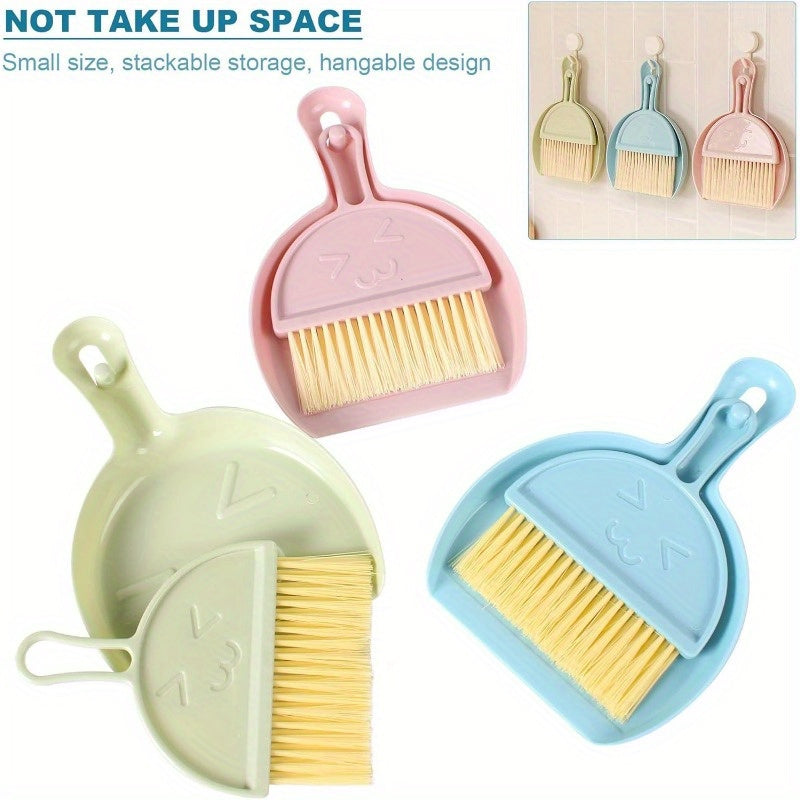 3 Pcs Mini Broom 3 Colors and Dustpan Set for Cleaning up Pet Feces Home, Car, Kitchen, Table, Durable Plastic Bristles, Handheld, Hangable