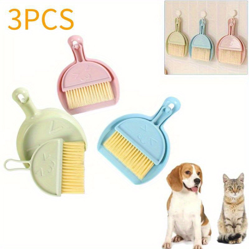 3 Pcs Mini Broom 3 Colors and Dustpan Set for Cleaning up Pet Feces Home, Car, Kitchen, Table, Durable Plastic Bristles, Handheld, Hangable