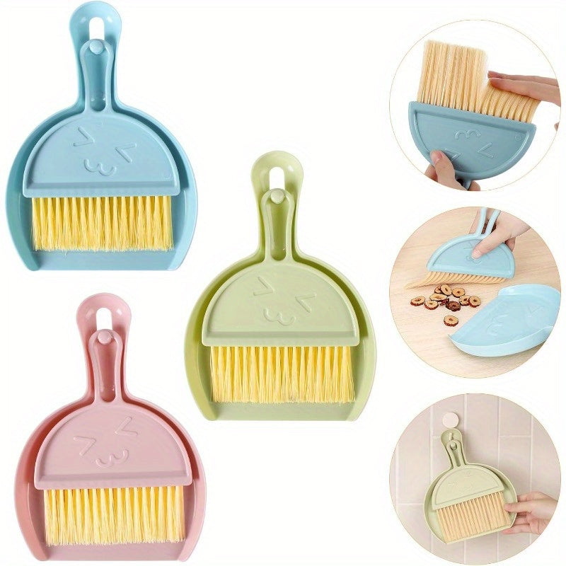 3 Pcs Mini Broom 3 Colors and Dustpan Set for Cleaning up Pet Feces Home, Car, Kitchen, Table, Durable Plastic Bristles, Handheld, Hangable