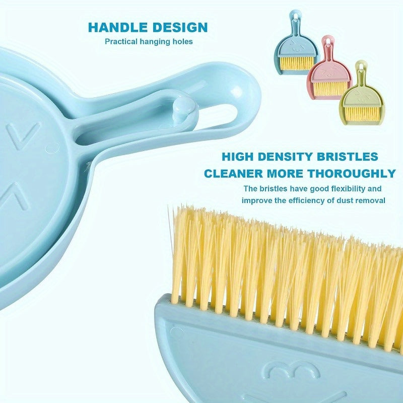 3 Pcs Mini Broom 3 Colors and Dustpan Set for Cleaning up Pet Feces Home, Car, Kitchen, Table, Durable Plastic Bristles, Handheld, Hangable