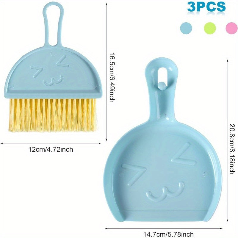 3 Pcs Mini Broom 3 Colors and Dustpan Set for Cleaning up Pet Feces Home, Car, Kitchen, Table, Durable Plastic Bristles, Handheld, Hangable