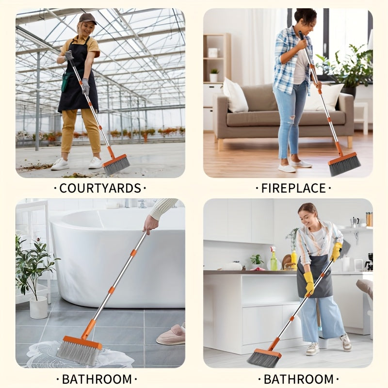 2-in-1 Broom and Dustpan Set with Long Handle - Heavy-Duty Stainless Steel, Ergonomic Design for Home, Office, School, Dorm, Shopping Mall & Supermarket Cleaning - Durable Hard Floor & Carpet Cleaning Supplies, Broom for Home, Dorm Room Essentials, Modern
