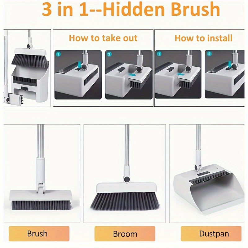 3-in-1 90% off Layer Broom and Broom Set, No Flag Bristle Broom, Multi-Surface Cleaning Kit, Suitable for Living Room, Bedroom, Bathroom, Carpet, Hard Floors, Durable Plastic, Home and Dormitory Use