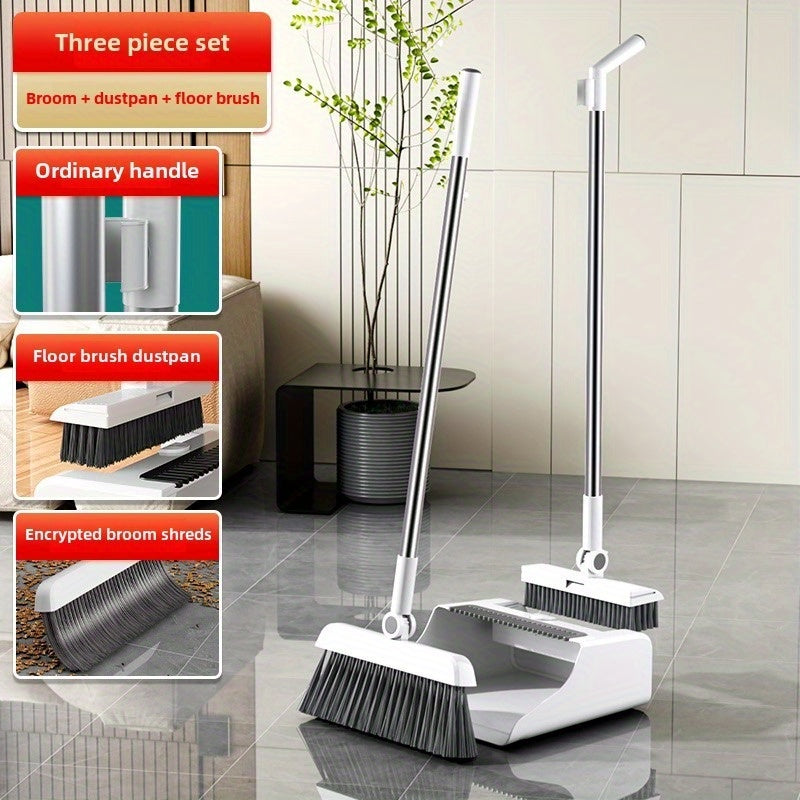 3-in-1 Heavy-Duty Ergonomic Floor Cleaning System with Long Handle - Heavy-Duty Broom, Dustpan & Brush Set with Ergonomic Grip - Extended Reach for Hardwood, Tile, Vinyl, Linoleum Floors - Ideal for Home, Office, Kitchen, Bathroom, Living Room -