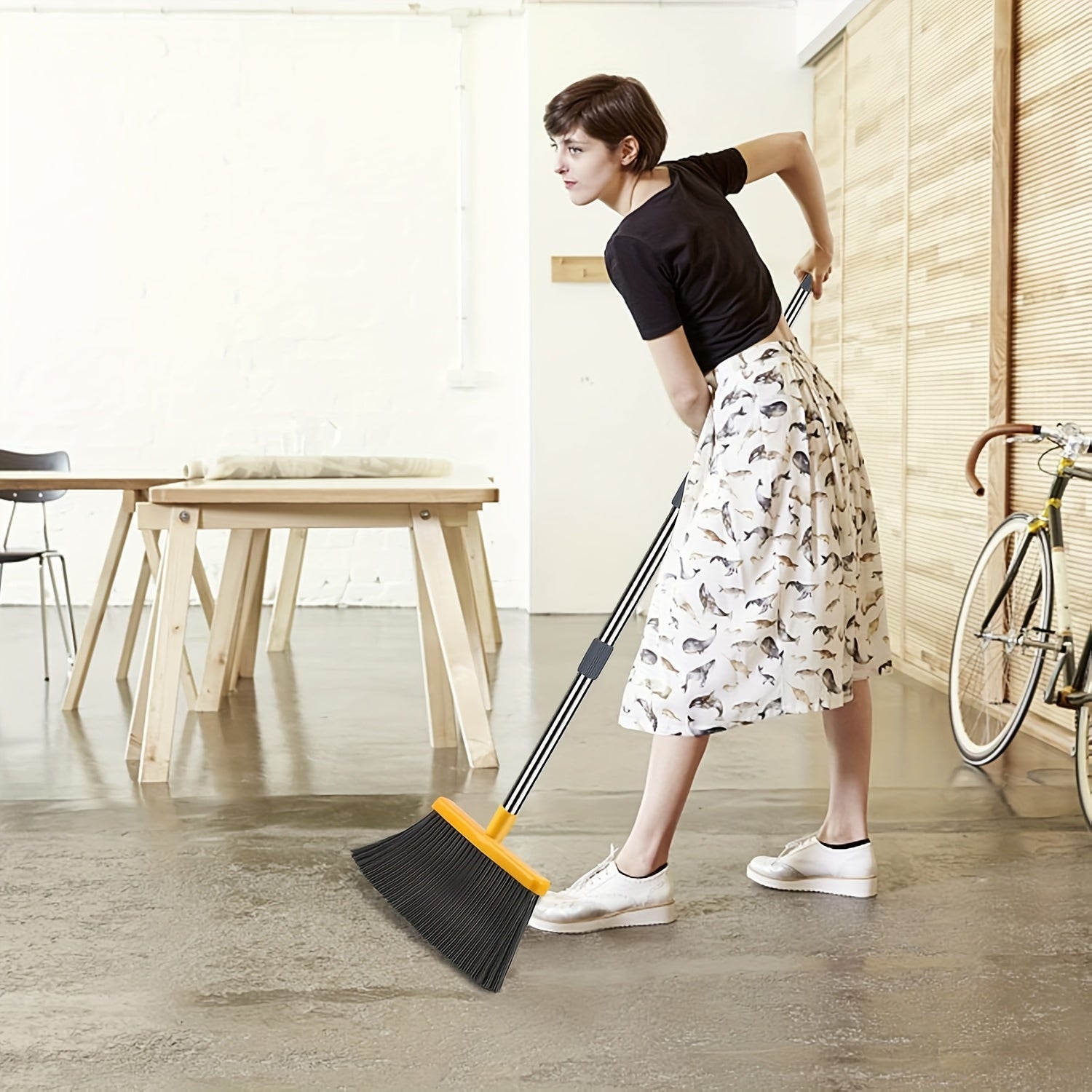 Juteng Local Broom And Dustpan Set, Long Handle Sweep Combo For Home Office Kitchen Lobby Shop, Upright Dustpan, 4 Row Of Dense Bristles Sweeper, Indoor&Outdoor Cleaning, Stand Up Broom Dust Pan Set, Gray&Yellow