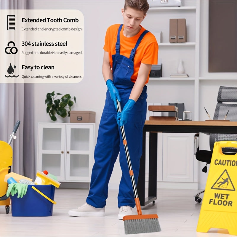 2-in-1 Broom and Dustpan Set with Long Handle - Heavy-Duty Stainless Steel, Ergonomic Design for Home, Office, School, Dorm, Shopping Mall & Supermarket Cleaning - Durable Hard Floor & Carpet Cleaning Supplies, Broom for Home, Dorm Room Essentials, Modern
