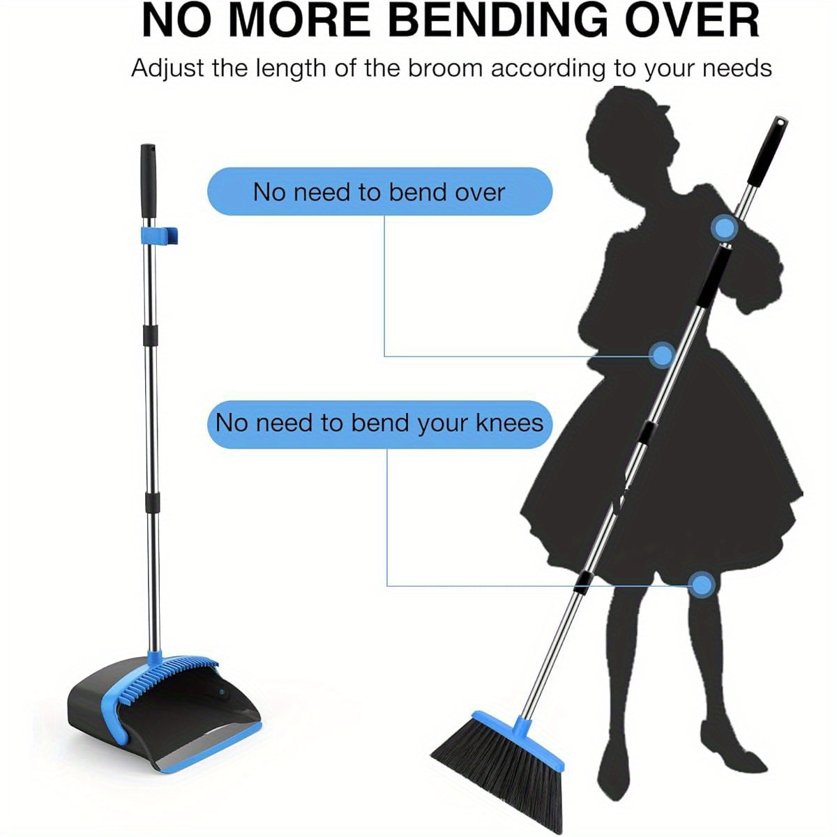 2-Pack Adjustable Broom and Dustpan Set with Long Handle - Heavy-Duty Cleaning Combo, Automatic Hair Removal, Non-Slip Grip, for Home, Kitchen, Office, Hardwood Floors - Space-Saving Design (Black & Blue) - Ideal for Large Spaces & Commercial Use, Floor