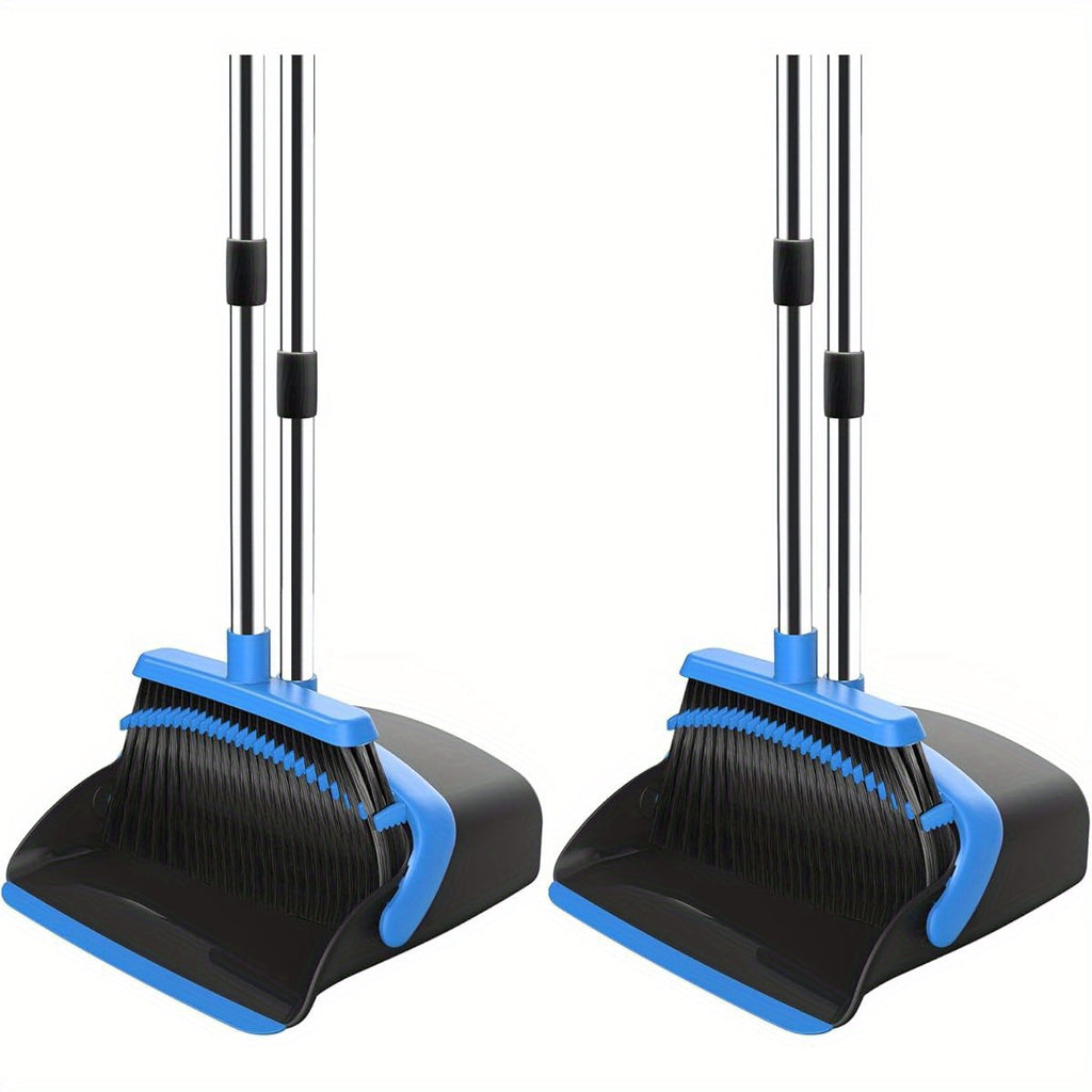 2-Pack Adjustable Broom and Dustpan Set with Long Handle - Heavy-Duty Cleaning Combo, Automatic Hair Removal, Non-Slip Grip, for Home, Kitchen, Office, Hardwood Floors - Space-Saving Design (Black & Blue) - Ideal for Large Spaces & Commercial Use, Floor