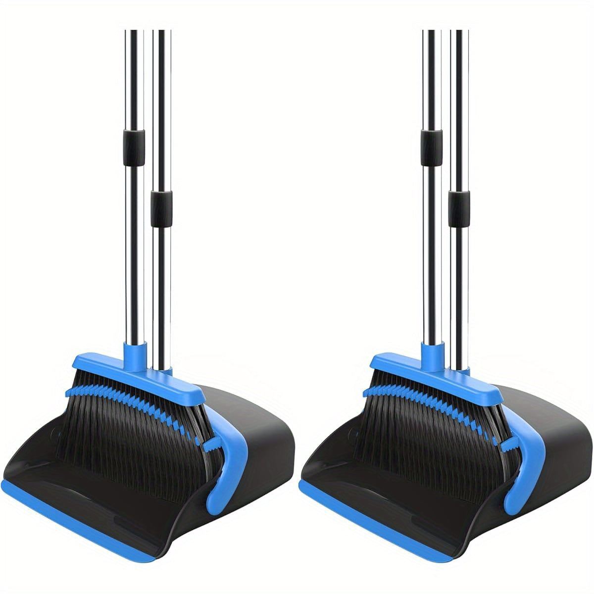 2-Pack Adjustable Broom and Dustpan Set with Long Handle - Heavy-Duty Cleaning Combo, Automatic Hair Removal, Non-Slip Grip, for Home, Kitchen, Office, Hardwood Floors - Space-Saving Design (Black & Blue) - Ideal for Large Spaces & Commercial Use, Floor