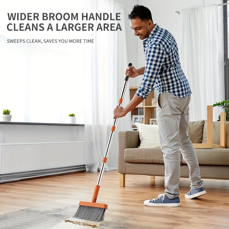 2-in-1 Broom and Dustpan Set with Long Handle - Heavy-Duty Stainless Steel, Ergonomic Design for Home, Office, School, Dorm, Shopping Mall & Supermarket Cleaning - Durable Hard Floor & Carpet Cleaning Supplies, Broom for Home, Dorm Room Essentials, Modern