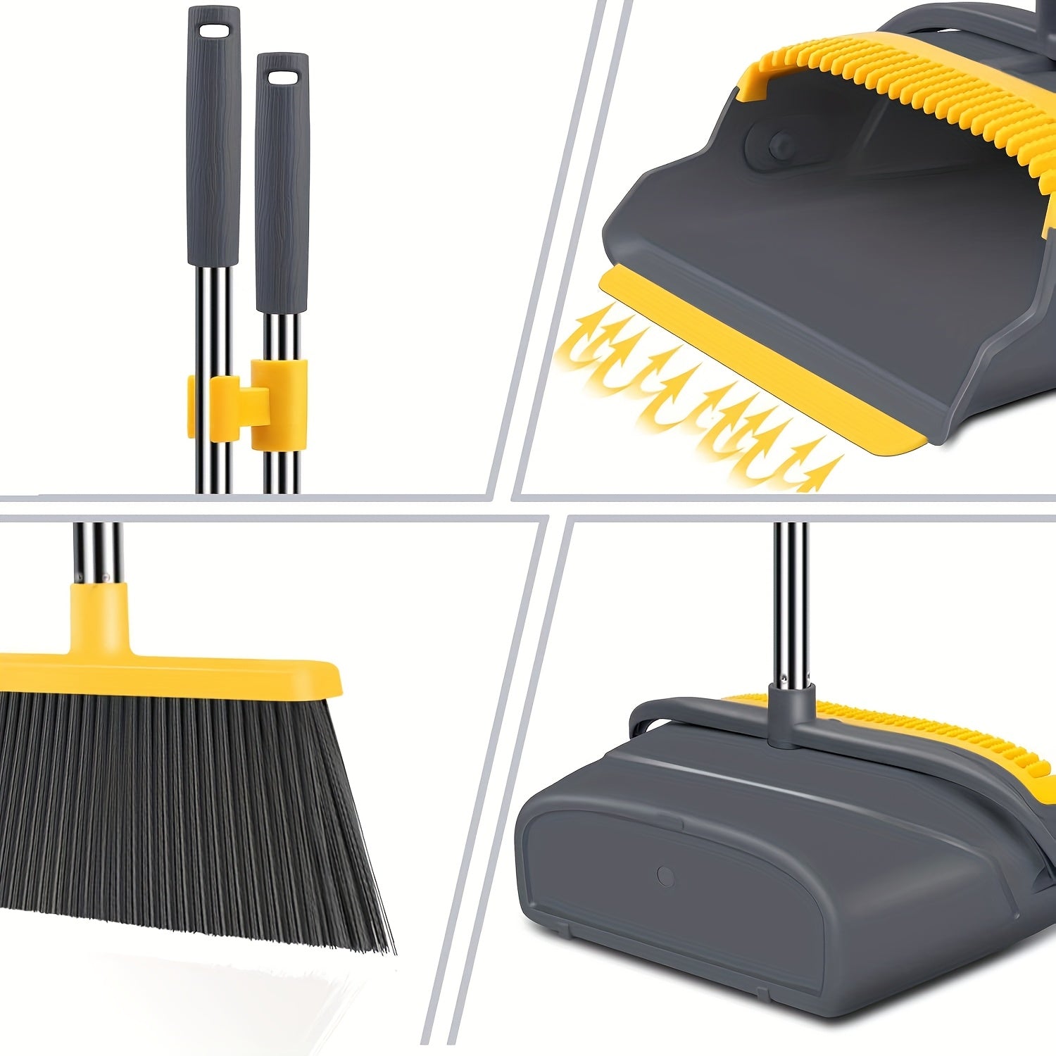 Juteng Local Broom And Dustpan Set, Long Handle Sweep Combo For Home Office Kitchen Lobby Shop, Upright Dustpan, 4 Row Of Dense Bristles Sweeper, Indoor&Outdoor Cleaning, Stand Up Broom Dust Pan Set, Gray&Yellow