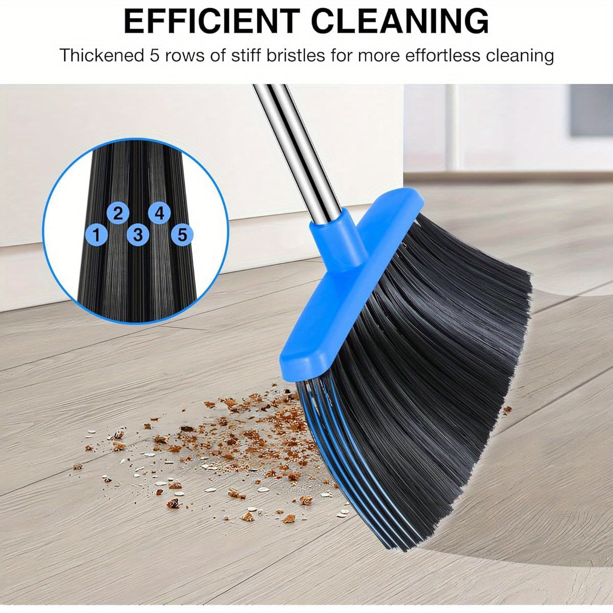 2-Pack Adjustable Broom and Dustpan Set with Long Handle - Heavy-Duty Cleaning Combo, Automatic Hair Removal, Non-Slip Grip, for Home, Kitchen, Office, Hardwood Floors - Space-Saving Design (Black & Blue) - Ideal for Large Spaces & Commercial Use, Floor