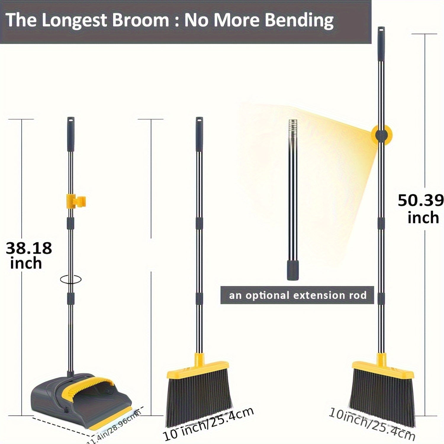 Juteng Local Broom And Dustpan Set, Long Handle Sweep Combo For Home Office Kitchen Lobby Shop, Upright Dustpan, 4 Row Of Dense Bristles Sweeper, Indoor&Outdoor Cleaning, Stand Up Broom Dust Pan Set, Gray&Yellow