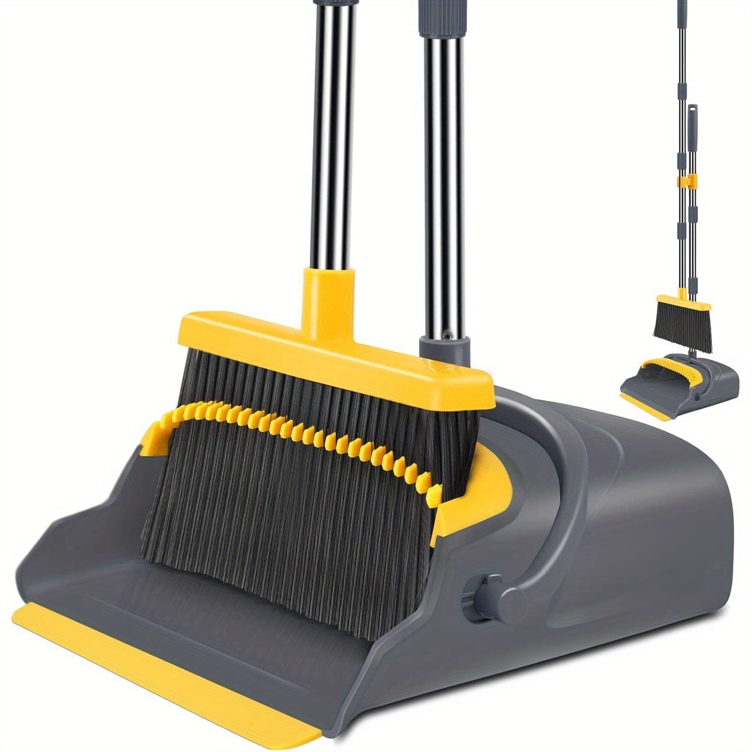 Juteng Local Broom And Dustpan Set, Long Handle Sweep Combo For Home Office Kitchen Lobby Shop, Upright Dustpan, 4 Row Of Dense Bristles Sweeper, Indoor&Outdoor Cleaning, Stand Up Broom Dust Pan Set, Gray&Yellow