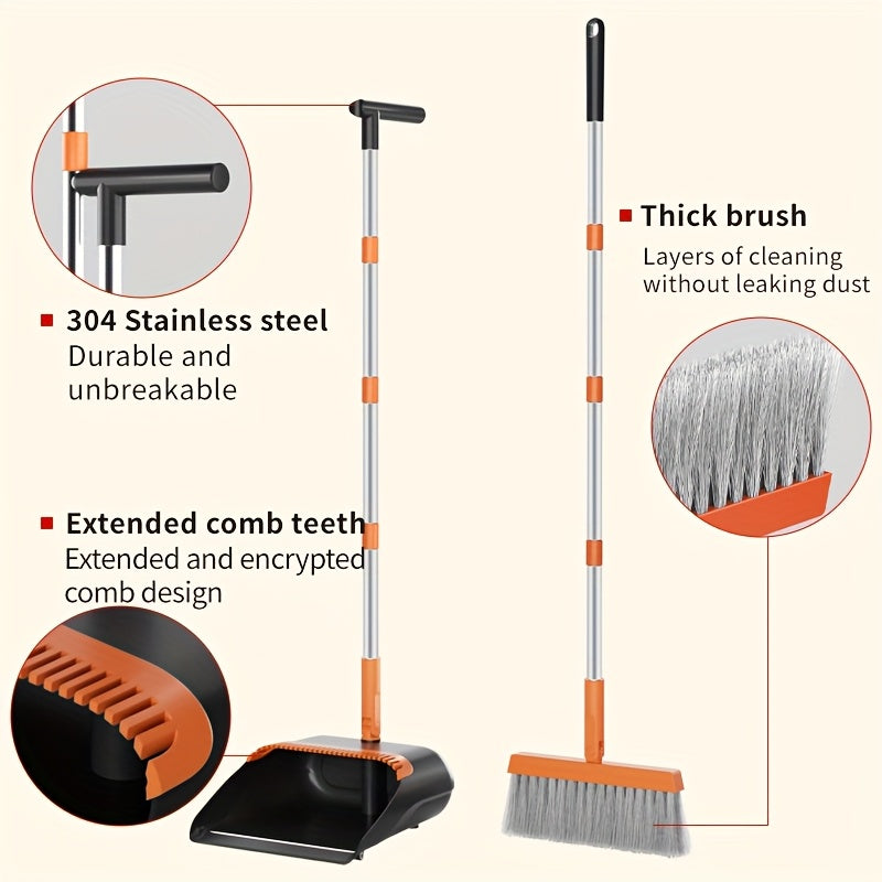 2-in-1 Broom and Dustpan Set with Long Handle - Heavy-Duty Stainless Steel, Ergonomic Design for Home, Office, School, Dorm, Shopping Mall & Supermarket Cleaning - Durable Hard Floor & Carpet Cleaning Supplies, Broom for Home, Dorm Room Essentials, Modern