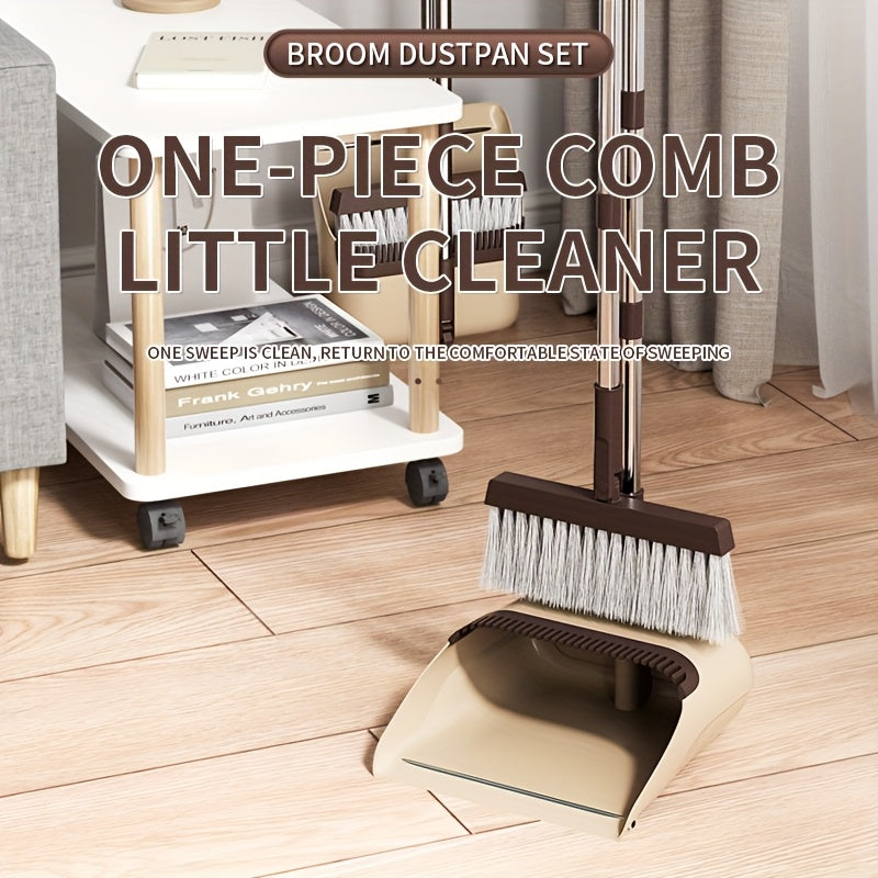 2-in-1 Broom and Dustpan Set with Long Handle - Heavy-Duty Stainless Steel, Ergonomic Design for Home, Office, School, Dorm, Shopping Mall & Supermarket Cleaning - Durable Hard Floor & Carpet Cleaning Supplies, Broom for Home, Dorm Room Essentials, Modern