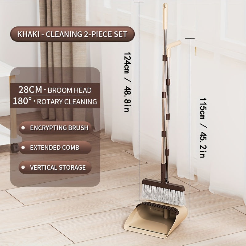 2-in-1 Broom and Dustpan Set with Long Handle - Heavy-Duty Stainless Steel, Ergonomic Design for Home, Office, School, Dorm, Shopping Mall & Supermarket Cleaning - Durable Hard Floor & Carpet Cleaning Supplies, Broom for Home, Dorm Room Essentials, Modern