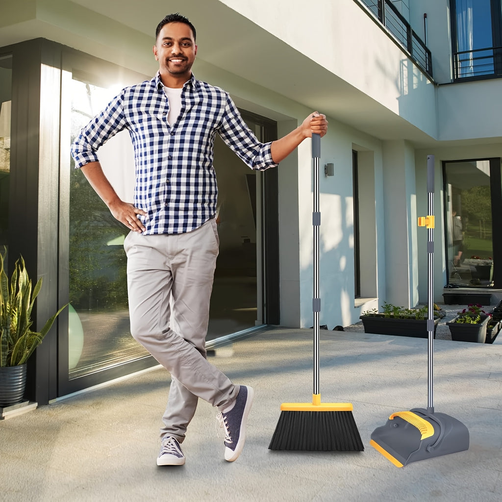 WEIYOOBY Local Broom And Dustpan Set for Home, Broom And Dustpan Set, Broom Dustpan Set, Broom And Dustpan Combo for Office, Indoor&Outdoor Sweeping, Stand Up Broom And Dustpan (Gray&Yellow)