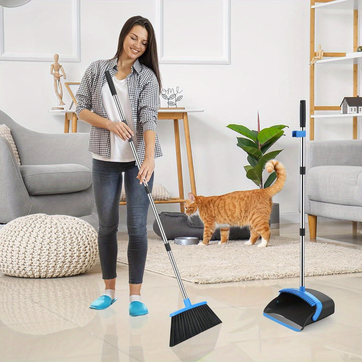 2-Pack Adjustable Broom and Dustpan Set with Long Handle - Heavy-Duty Cleaning Combo, Automatic Hair Removal, Non-Slip Grip, for Home, Kitchen, Office, Hardwood Floors - Space-Saving Design (Black & Blue) - Ideal for Large Spaces & Commercial Use, Floor