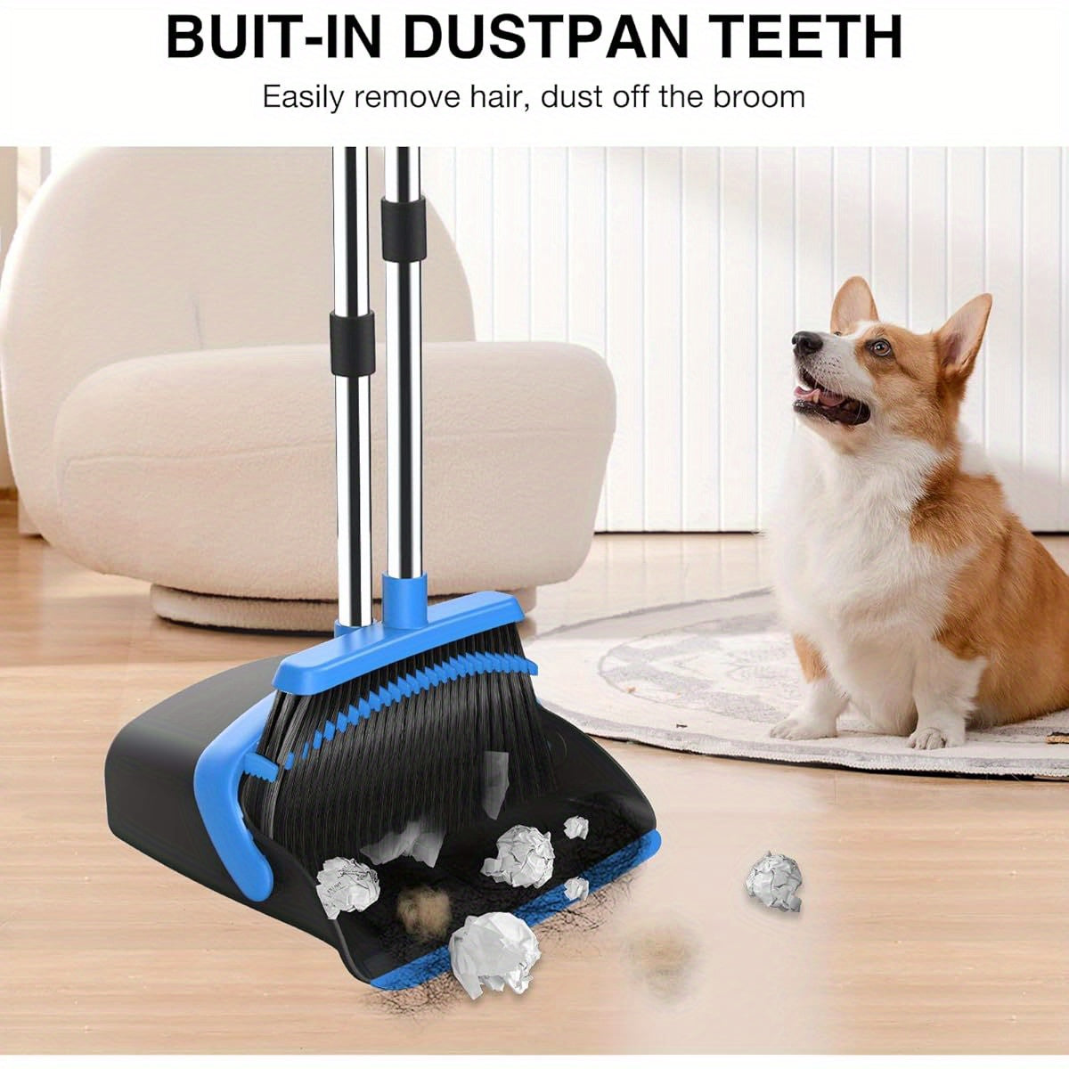 2-Pack Adjustable Broom and Dustpan Set with Long Handle - Heavy-Duty Cleaning Combo, Automatic Hair Removal, Non-Slip Grip, for Home, Kitchen, Office, Hardwood Floors - Space-Saving Design (Black & Blue) - Ideal for Large Spaces & Commercial Use, Floor