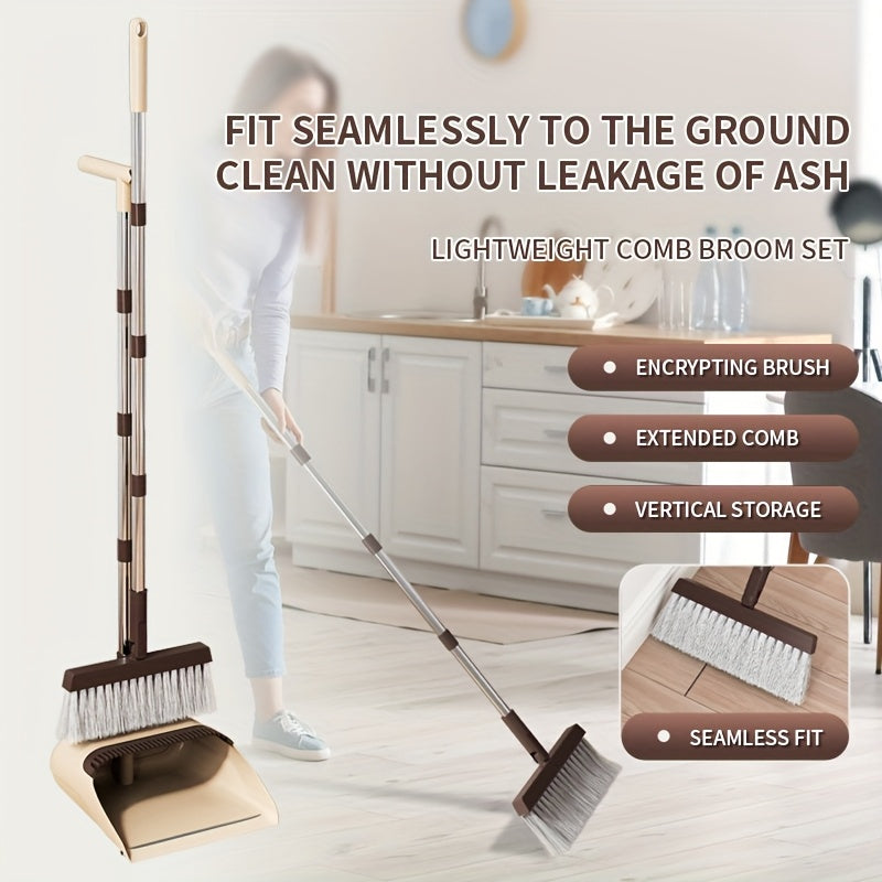 2-in-1 Broom and Dustpan Set with Long Handle - Heavy-Duty Stainless Steel, Ergonomic Design for Home, Office, School, Dorm, Shopping Mall & Supermarket Cleaning - Durable Hard Floor & Carpet Cleaning Supplies, Broom for Home, Dorm Room Essentials, Modern