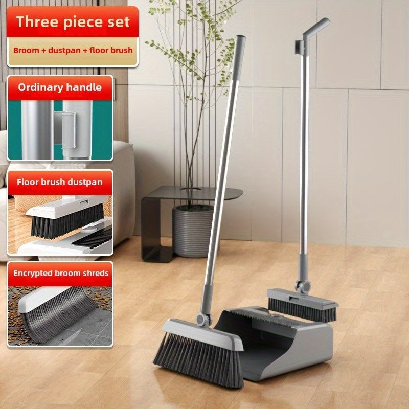 3-in-1 Heavy-Duty Ergonomic Floor Cleaning System with Long Handle - Heavy-Duty Broom, Dustpan & Brush Set with Ergonomic Grip - Extended Reach for Hardwood, Tile, Vinyl, Linoleum Floors - Ideal for Home, Office, Kitchen, Bathroom, Living Room -