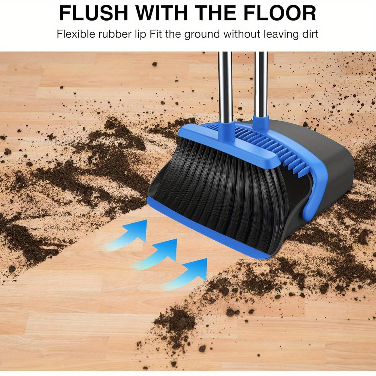 2-Pack Adjustable Broom and Dustpan Set with Long Handle - Heavy-Duty Cleaning Combo, Automatic Hair Removal, Non-Slip Grip, for Home, Kitchen, Office, Hardwood Floors - Space-Saving Design (Black & Blue) - Ideal for Large Spaces & Commercial Use, Floor